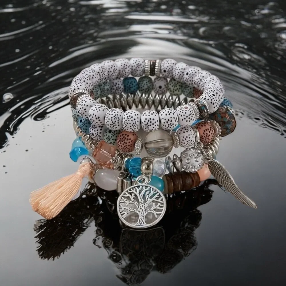 4pcs/set Bohemian Hand String, Tree Of‎ Life Feather Wings Pendant Bracelet